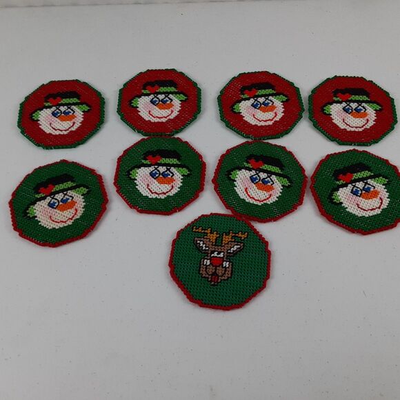 Vintage Handmade Needlepoint Canvas Christmas Coasters with Holder 9 Pc Snowmen - Picture 1 of 16